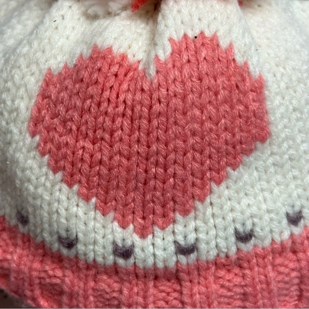 Knit Lined Winter Toddler Hat Pink Heart Pom Pom Toboggan Beanie 9.5